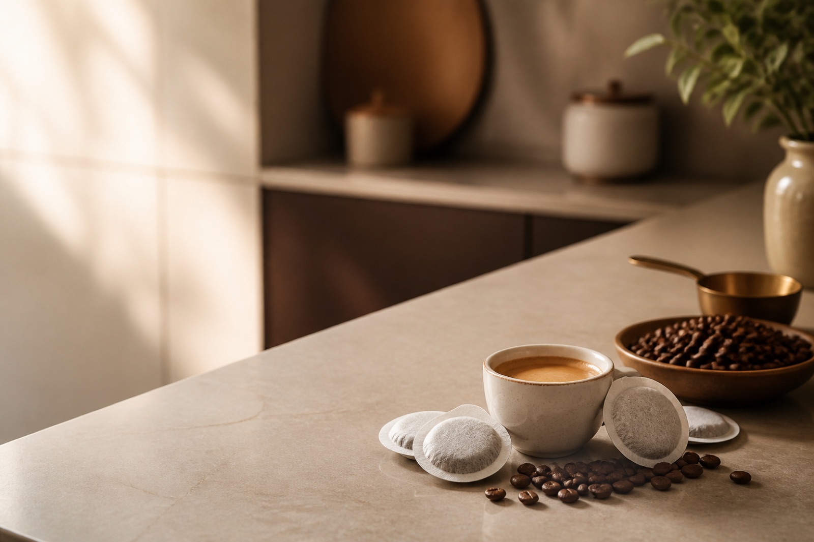 Cialde di caffè in carta con tazzina espresso e chicchi su un piano cucina
